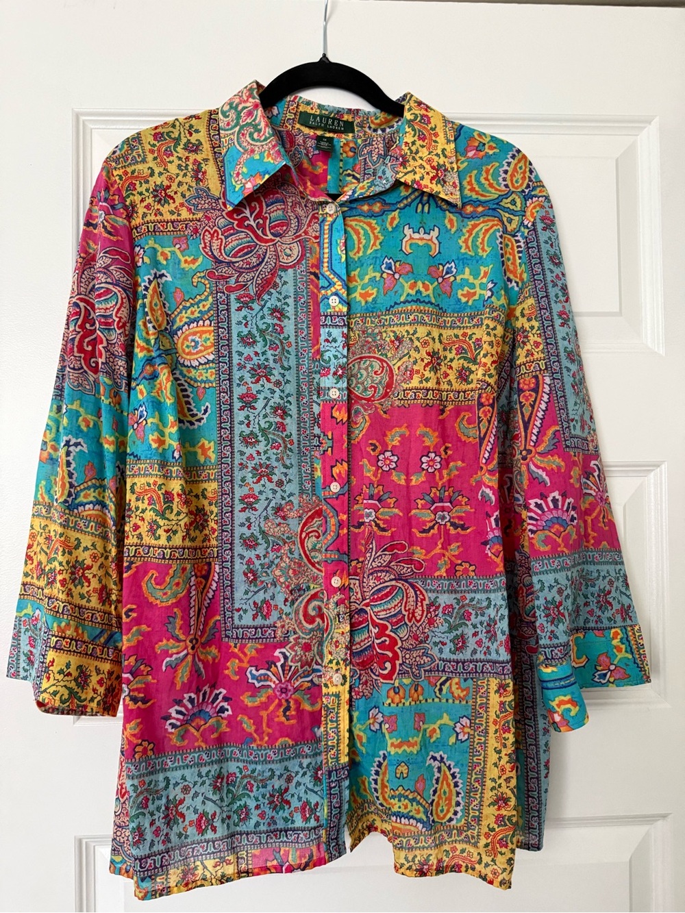 Colorful Patchwork Print Button-Front Shirt - Turquoise & Pink -